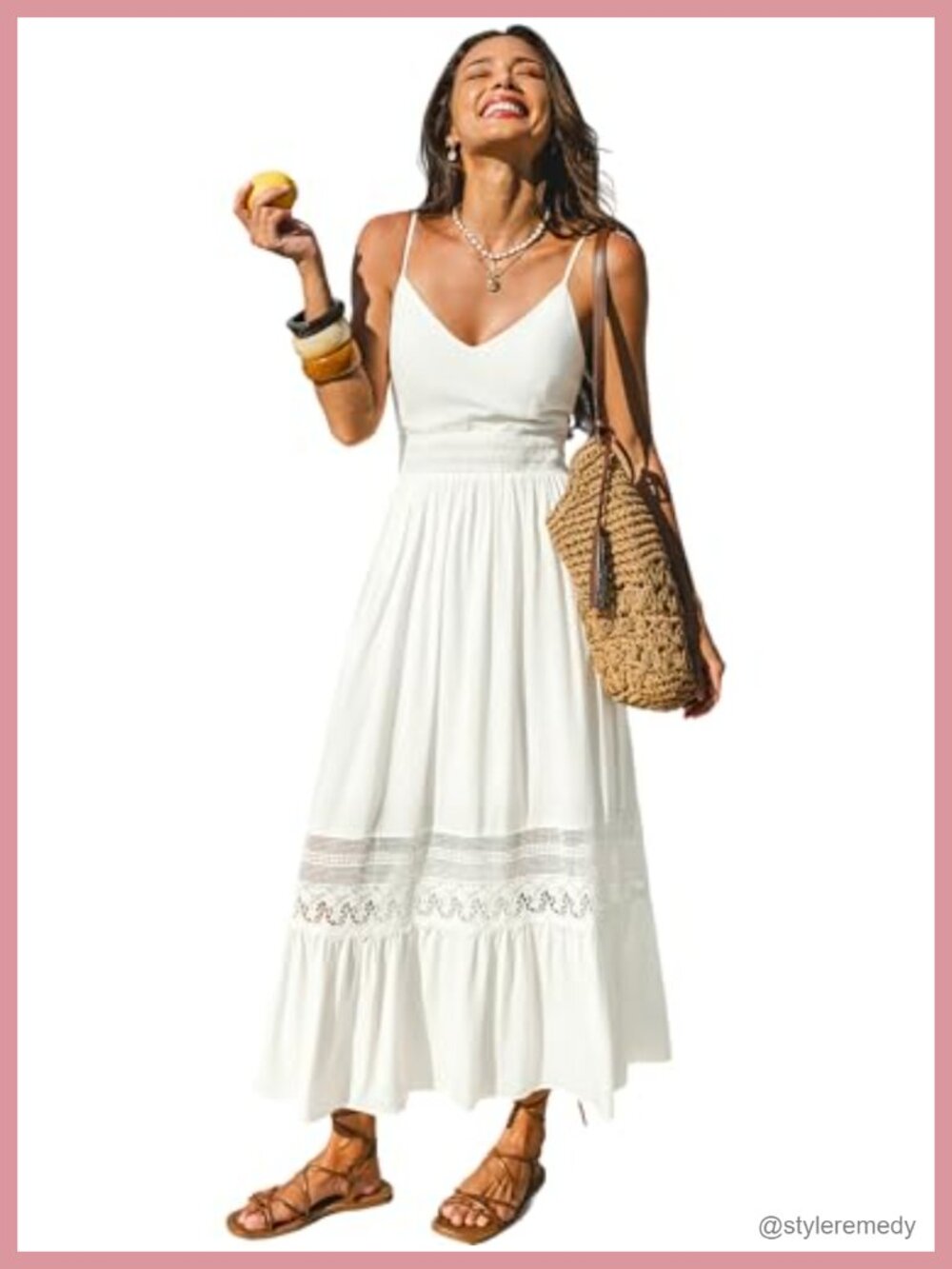 CUPSHE Womens Maxi Summer Dress V Neck Lace Tiered Ruffle Smocked
